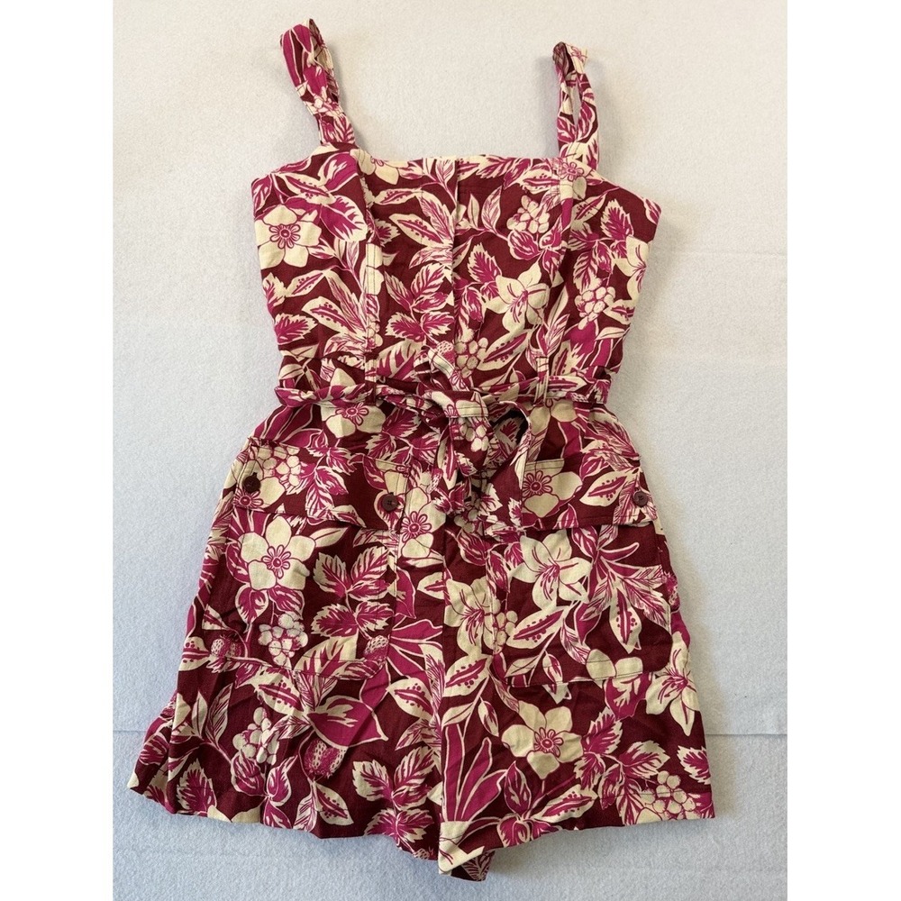 Belle Vere Linen Blend Size 6 Belted Romper Jumpsuit Pink Red Strawberries